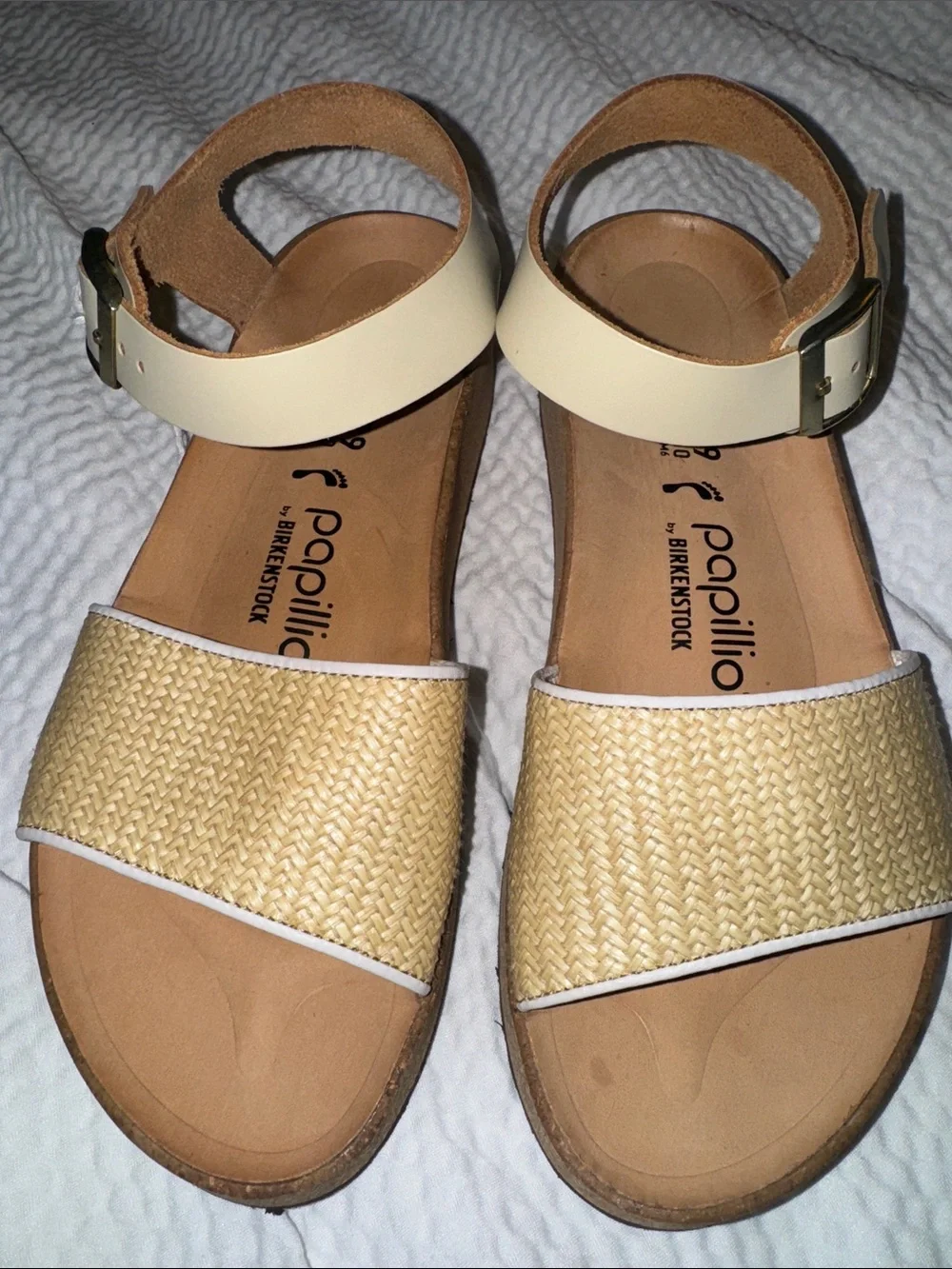 Birkenstock Papillio Raffia Two-Strap Sandals in Cream and Natural